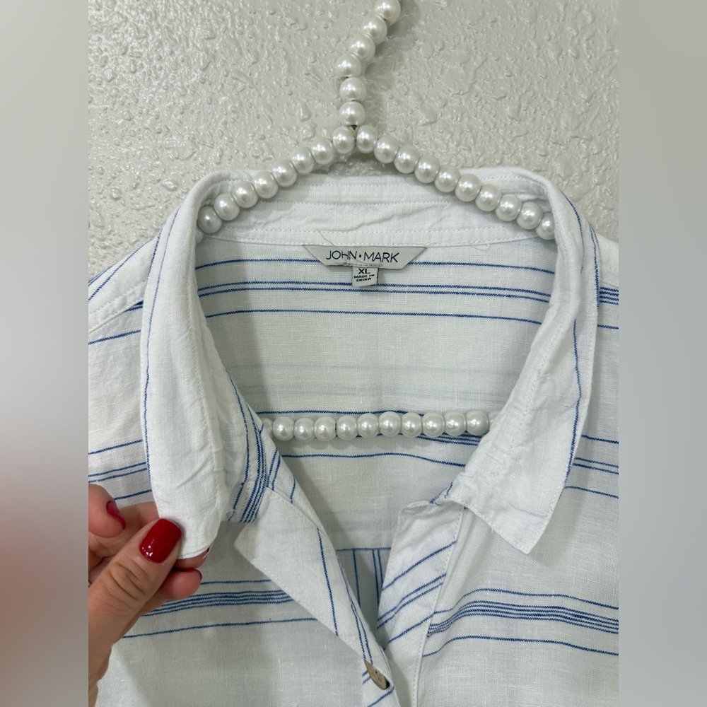 John Mark Women Wired Neck Top Blouse Shirt Size XL White Linen Button Up - Picture 5 of 10